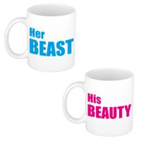 Her beast en his beauty cadeau mok / beker wit met blauwe letters 300 ml