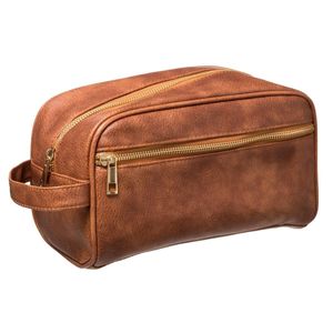 Reis toilettas/etui/opberg tasje leder look voor heren cognac 25 x 13 x 14 cm