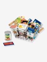 Boodschappenmand gevuld met namaakdozen van merkproducten. meerkleurig