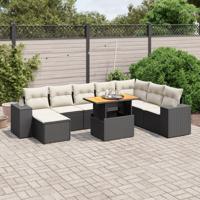 9-delige Loungeset met kussens poly rattan zwart