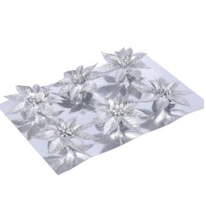 Decoratie bloemen op clip - 6x stuks - zilver - kunststof - ornamenten