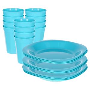 Verjaardag/kinder/camping borden/beker set - 24x stuks - blauw - kunststof - onbreekbaar