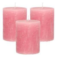 Stompkaars/cilinderkaars - 3x - oud roze - 7 x 9 cm - middel rustiek model