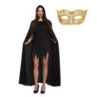 Halloween gemaskerd bal verkleedset - Oogmasker goud - Lange cape met capuchon zwart - volwassenen Halloween gemaskerd bal verkleedset - Oogmasker goud - Lange cape met capuchon zwart - volwassenen