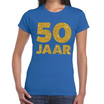 50 jaar verjaardag t-shirt - blauw - voor dames - gouden glitter print - jubileum