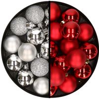 36x stuks kunststof kerstballen zilver en rood 3 en 4 cm - thumbnail