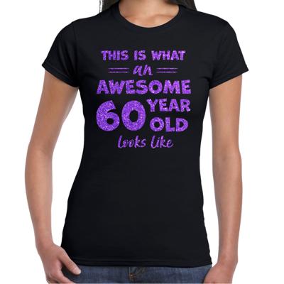 Verkleed T-shirt voor dames - leeftijd 60 jaar - awesome - zwart - glitter paars - Verjaardagsfeest