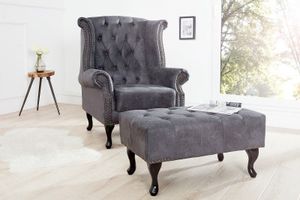 Chesterfield vleugelfauteuil antiekgrijs met knoopstiksel en veerkern - 37473