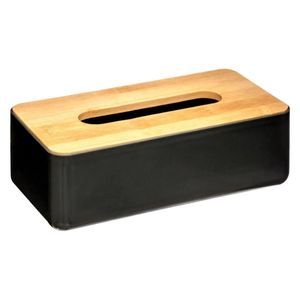 Tissuedoos/tissue box zwart kunststof met bamboe deksel 26 x 13 cm   -