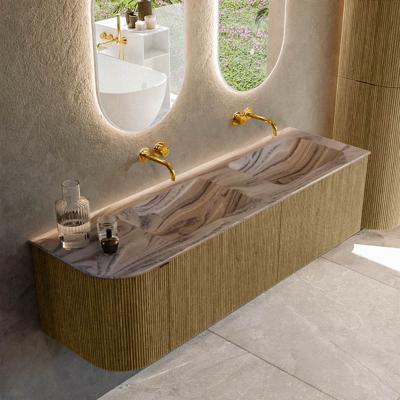 Badmeubel Mondiaz Kurve-Dlux | 155 cm | Meubelkleur Dusk | Wastafelkleur Sombra | Solid surface | Dubbel / Rechts spoelbak | Zonder kraangat(en)