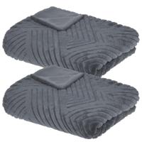 Atmosphera Plaid/bank deken Amiens - 2x - donkergrijs - 180 x 230 cm - polyester fleece - strepenmot - thumbnail