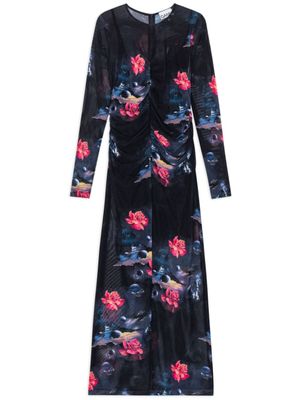GANNI robe longue froncée à fleurs - Noir