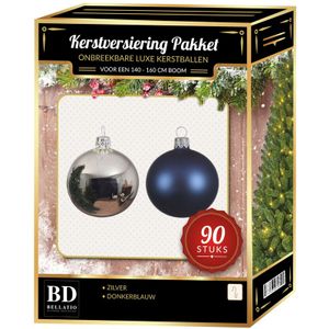 Kerstballen set kunststof 90-delig voor 150cm zilver/donkerblauw