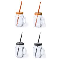 Set van 4x glazen drinkbekers dop/rietje 500 ml zwart/oranje