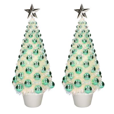 2x stuks complete mini kunst kerstbomen / kunstbomen groen met lichtjes 50 cm