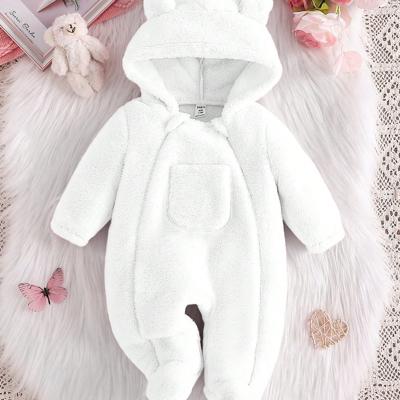 Newborn Baby Girl Plush Ear Pocket Hooded One-Piece Jumpsuit, Soft & Warm, Elegant Pink, For Halloween Party,Summer Travel White / 1-3M