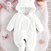 Newborn Baby Girl Plush Ear Pocket Hooded One-Piece Jumpsuit, Soft & Warm, Elegant Pink, For Halloween Party,Summer Travel White / 1-3M