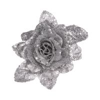1x stuks decoratie bloemen roos zilver glitter met blad op clip 15 cm - thumbnail