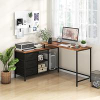 Ombouwbaar Hoekbureau met Stopcontact L-Vormig Bureau met 3 Stoffen Lades en Metalen Legplanken van Gaas Bureau van 205 cm Bruin