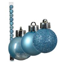 Kleine kerstballen - 14x - kunststof - ijs blauw - 3 cm - thumbnail
