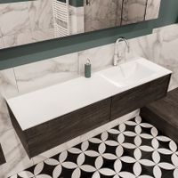 Mondiaz Lush Cloud badmeubel eiken donker bruin 150 cm 2 lades solid surface enkele spoelbak rechts 1 kraangat