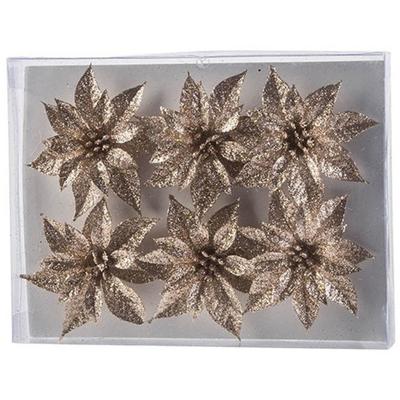 Bloemen op clip - 6x st - champagne - glitter - 8 cm - kerstversiering