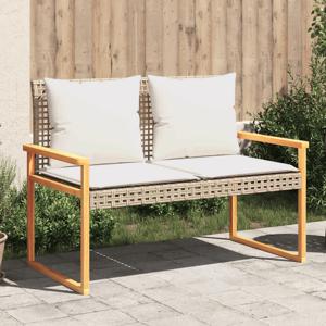 Tuinbankje met kussen poly rattan en acaciahout gemengd beige