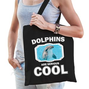 Katoenen tasje dolphins are serious cool zwart - dolfijnen/ dolfijn cadeau tas