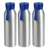 3x Stuks aluminium waterfles/drinkfles zilver met blauwe kunststof schroefdop 650 ml - thumbnail