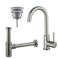 Fortifura Calvi Wastafelkraanset - hoge wastafelkraan - draaibare uitloop - always open plug - design sifon - Geborsteld RVS PVD (RVS) SW809348/SW696207/SW696212