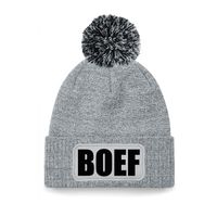 Boef muts/beanie met pompon - onesize - unisex - grijs One size  - - thumbnail