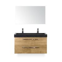 Seville Badmeubelset 100 cm - Natuur Eiken - Wastafel Hardsteen Wit Lucca 2 kraangaten - met Spiegel