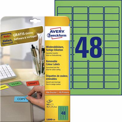 Etiket Avery Zweckform L6040-20 45.7x21.2mm groen 960stuks Etiket Avery Zweckform L6040-20 45.7x21.2mm groen 960stuks