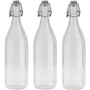 3x Stuks glazen fles transparant met beugeldop 1000 ml - Drinkflessen