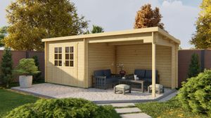 Tuindeco Freddy Blokhut 300x250 cm + luifel 298 cm 28 mm vuren blank- Lessenaarsdak- Onbehandeld vurenhout- Tuindeco