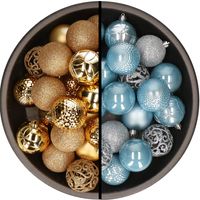 Kunststof kerstballen 74x stuks goud en lichtblauw 6 cm - thumbnail