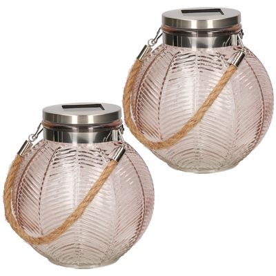 2x stuks roze solar lantaarn van gestreept glas rond 16 cm