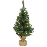 Kerst kerstbomen groen in jute zak met verlichting 60 cm - Kunstkerstboom - thumbnail