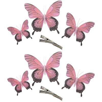 6x stuks decoratie vlinders op clip - roze - 3 formaten - 12/16/20 cm