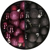 34x stuks kunststof kerstballen aubergine paars en zwart 3 cm - thumbnail