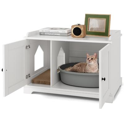 Kattenkast Kattentoilet Kattenhuis met Dubbele Deuren en Krabplank Bijzettafel met Verstelbare Scheidingswand Kattenbak Wit