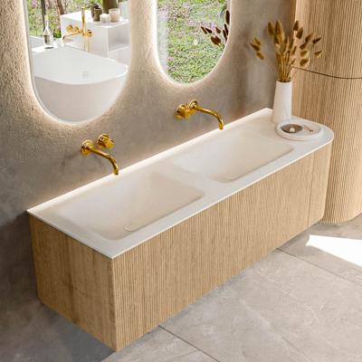 Mondiaz KURVE 145 cm Onderkast Greeploos 1 Lade Met Deuren Oak, Wastafel Solid Surface Links Talc 0 Kraangaten Zonder Spiegel (KRVCLO145R1L1D0KD-Oak/Tal)