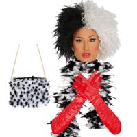 Cruel lady verkleed accessoire set - 4-delig - dalmatier schurk - Pruik en accessoires