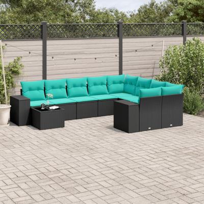10-delige tuinbankset met kussens van zwart polyrotan