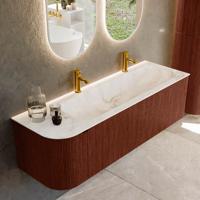 Badmeubel Mondiaz Kurve-Dlux | 145 cm cm | Meubelkleur Ruby | Wastafelkleur Frappe | Solid surface | Wasbak rechter zijde spoelbak | 2 kraangaten