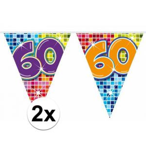 Leeftijd vlaggenlijn / slinger - 2x - 60 jaar - verjaardag feest versiering - mini vlaggetjes