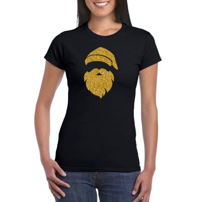 Kersttrui t-shirt - Kerstman hoofd - zwart - voor dames - met gouden glitter bedrukking