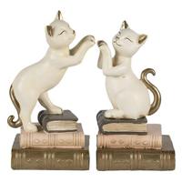 Clayre & Eef Boekensteunen Set van 2 Kat 20x8x19 cm Wit Polyresin