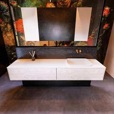 Badkamermeubelset Mondiaz Erin 200 cm met 2 Lades met RIDGE Wastafel Rechts Talc Zonder Kraangaten Greeploos Mat Underlayment