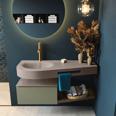 MONDIAZ RIVA 120cm badmeubel onderkast / planchet kleur Army met 1 lade. Wastafel DULCET links 1 kraangat kleur Smoke. MONDIAZ RIVA 120cm badmeubel onderkast / planchet kleur Army met 1 lade. Wastafel DULCET links 1 kraangat kleur Smoke.